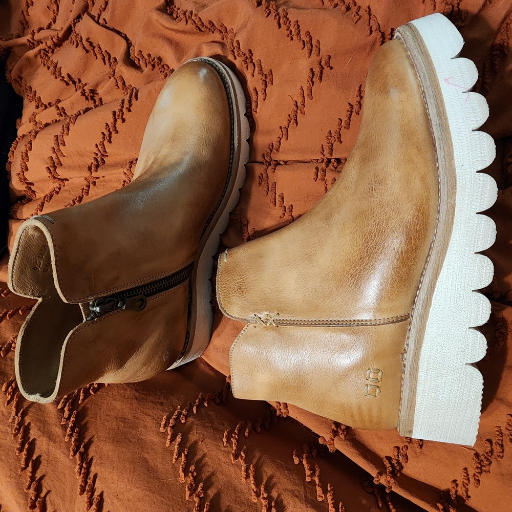Bed Stu Tan and White Ankle Boots with Chunky Sole